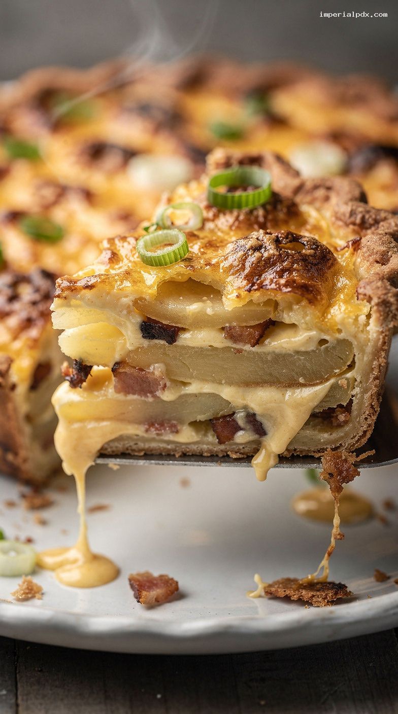 Bacon, Potato, and Cheddar Pie with Creamy Scallion Sauce – Closeup