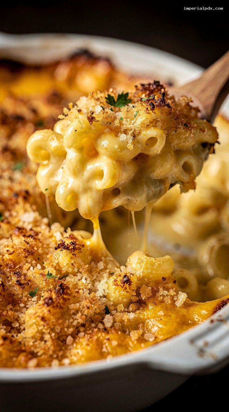 Baked Cheddar Mac and Cheese With Buttery Crumb Topping – Closeup