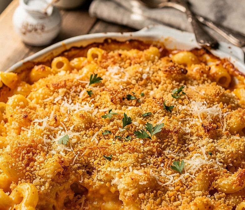 Baked Cheddar Mac and Cheese With Buttery Crumb Topping