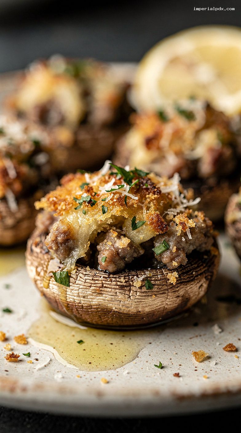 Baked Stuffed Mushrooms With Herb Breadcrumbs and Parmesan – Closeup