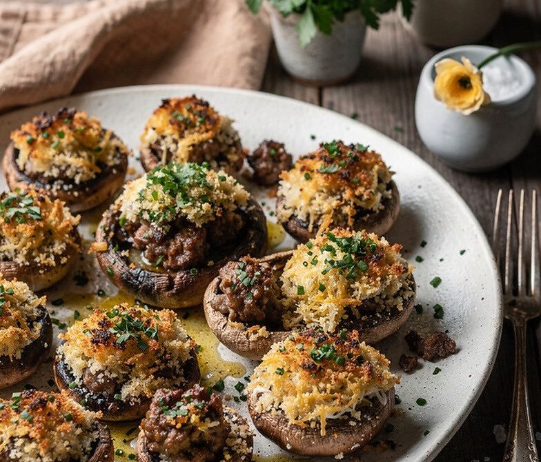 Baked Stuffed Mushrooms With Herb Breadcrumbs and Parmesan