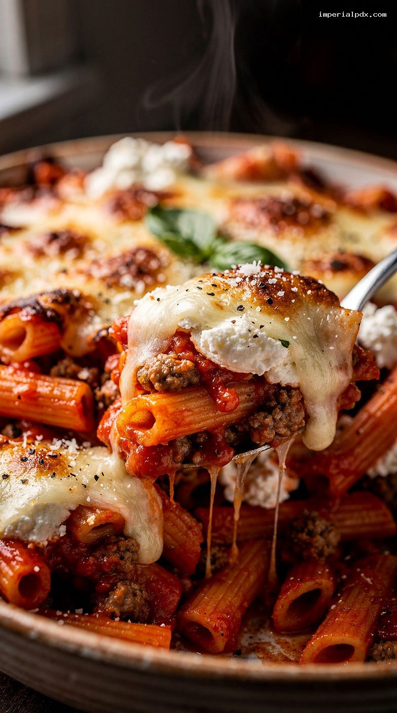 Baked Ziti With Sausage, Ricotta, and Mozzarella – Closeup