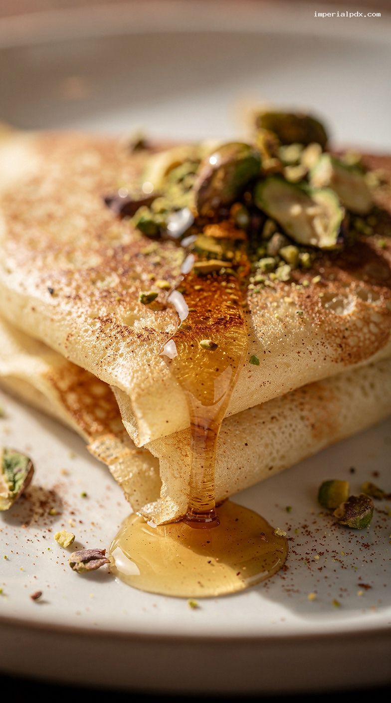 Baklava-Inspired Honey Pistachio Cinnamon Crepes – Closeup