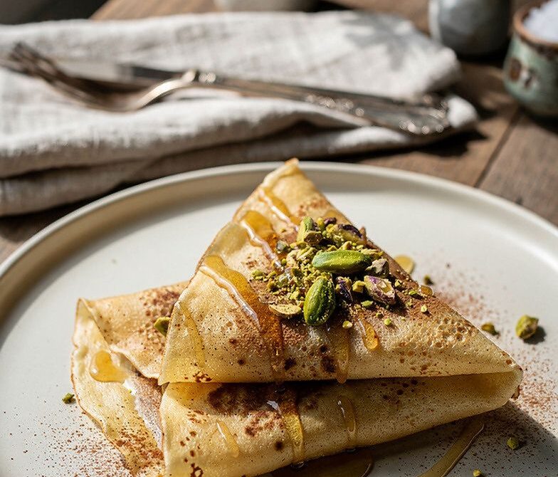 Baklava-Inspired Honey Pistachio Cinnamon Crepes