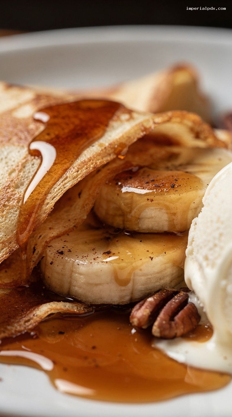 Bananas Foster Crepes With Caramel Sauce and Vanilla Ice Cream – Closeup