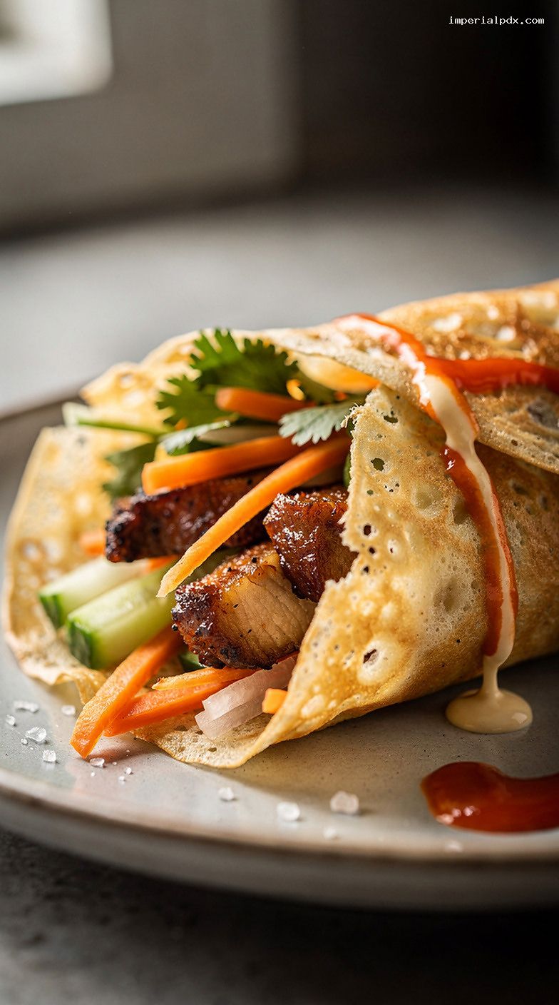 Banh Mi-Inspired Crepes With Pork and Pickled Vegetables – Closeup