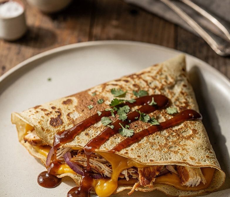 BBQ Chicken Cheddar Crepes with Red Onion and Cilantro