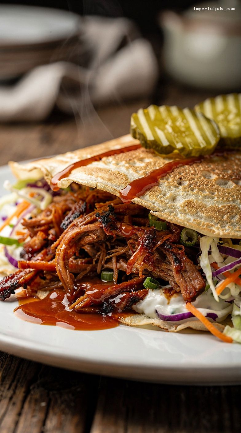 BBQ Pulled Pork and Slaw Crepes with Pickles – Closeup