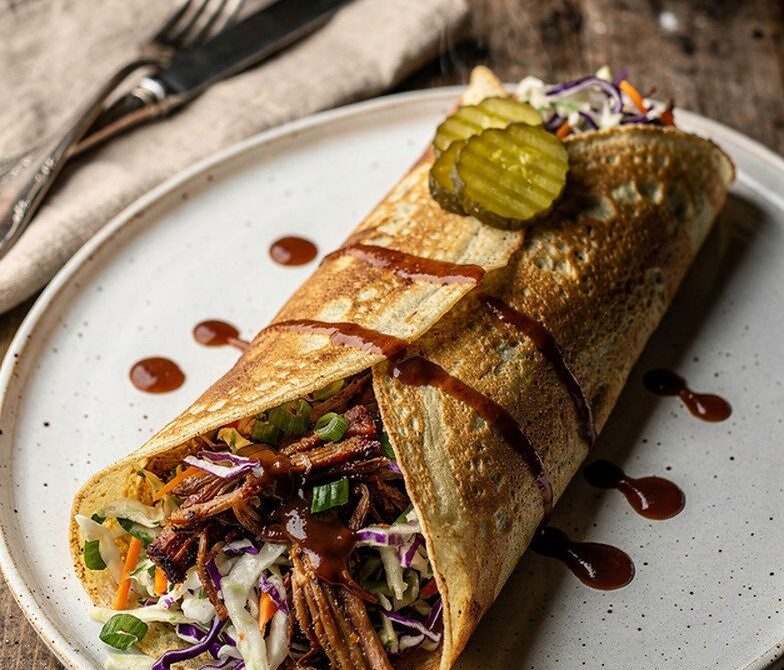 BBQ Pulled Pork and Slaw Crepes with Pickles