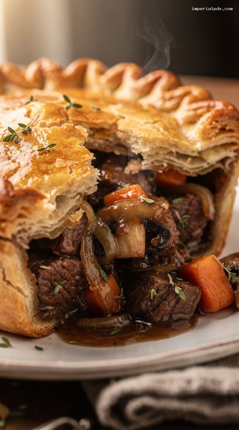 Beef and Guinness Pie with Hearty Stout Stew Filling – Closeup