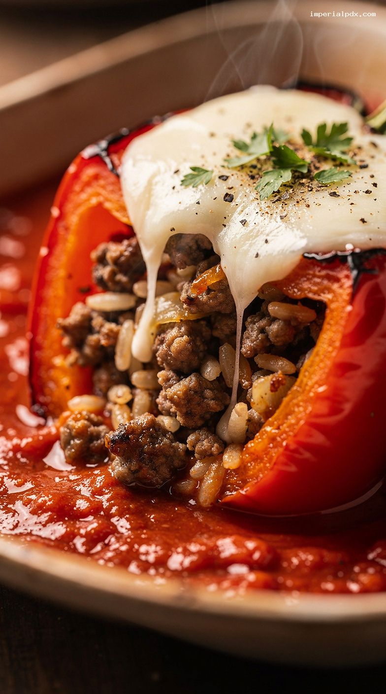 Beef and Rice Stuffed Bell Peppers With Tomato Sauce – Closeup