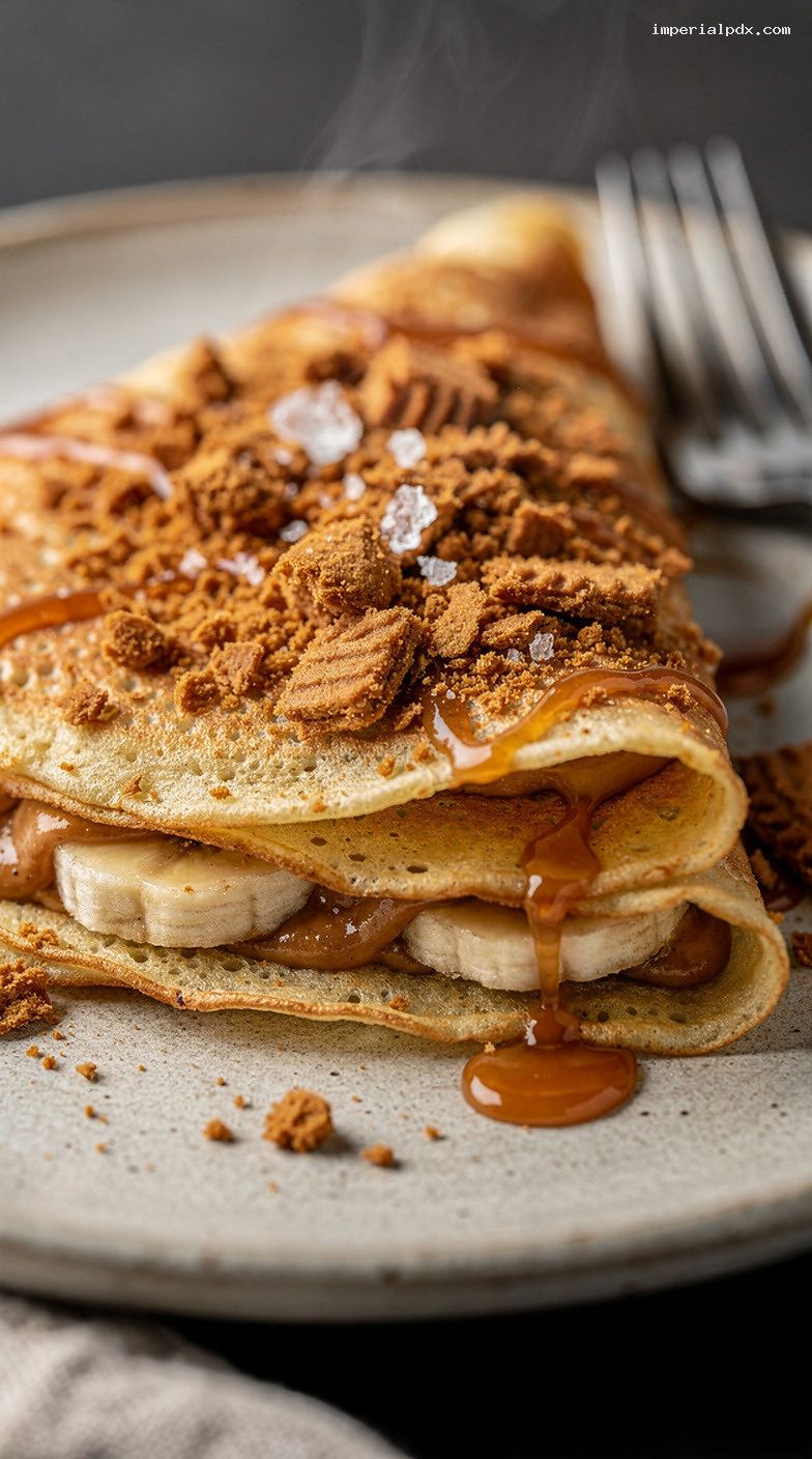 Biscoff Cookie Butter Banana Crepes With Caramel Drizzle – Closeup