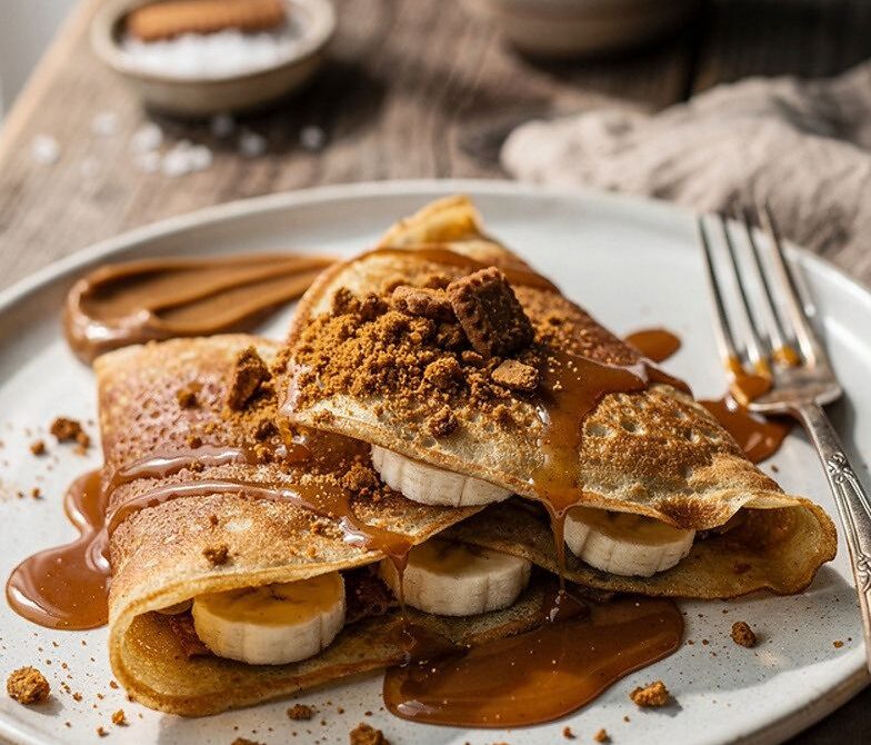 Biscoff Cookie Butter Banana Crepes With Caramel Drizzle