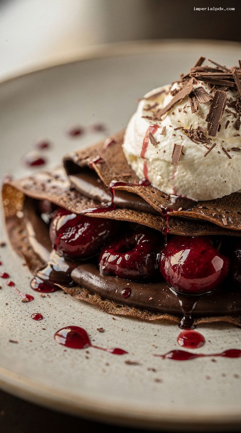 Black Forest Crepes With Chocolate Ganache and Cherry Compote – Closeup