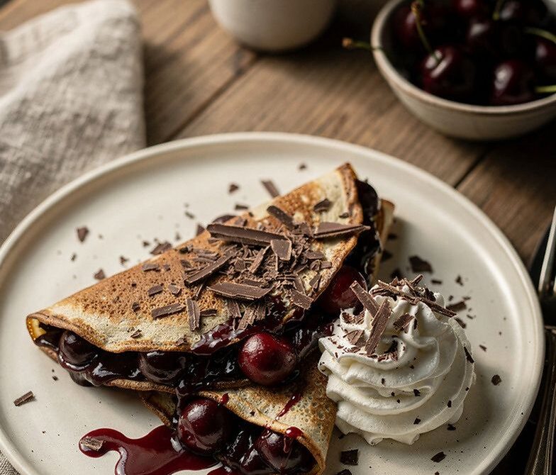 Black Forest Crepes With Chocolate Ganache and Cherry Compote
