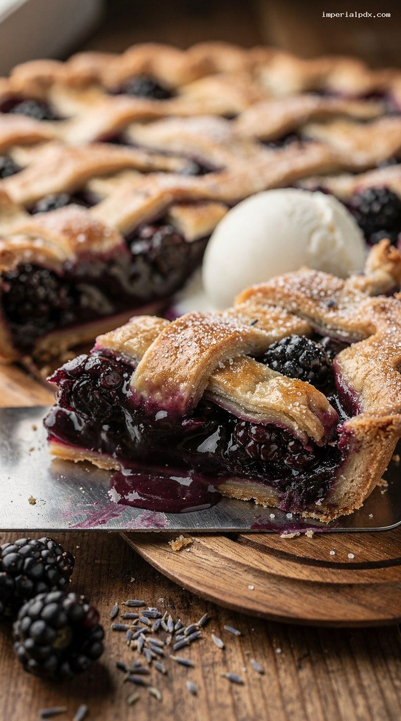 Blackberry Lavender Pie With Jammy Filling and Flaky Crust – Closeup