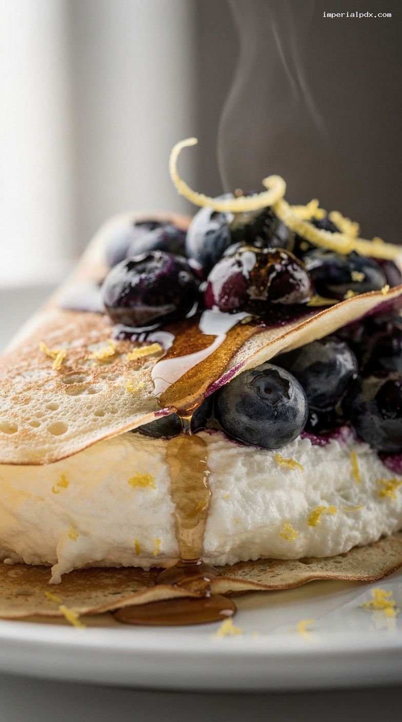 Blueberry Lemon Ricotta Crepes With Maple Syrup – Closeup