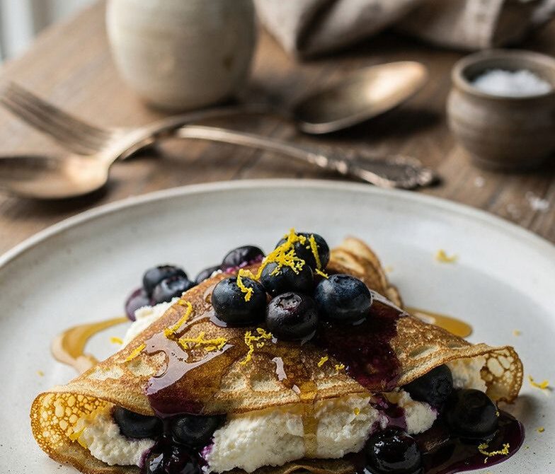 Blueberry Lemon Ricotta Crepes With Maple Syrup