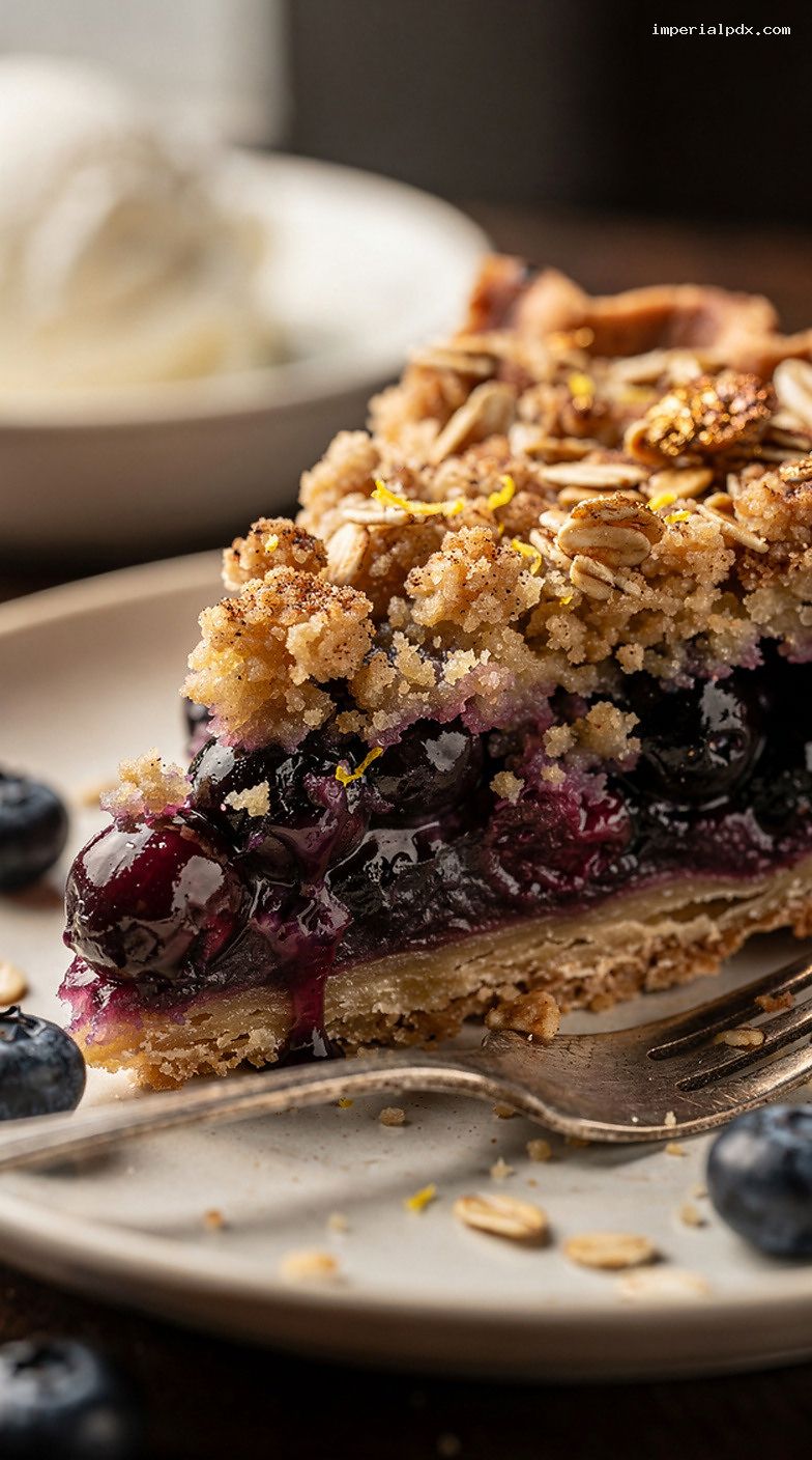 Blueberry Streusel Pie With Brown Sugar Oat Crumble – Closeup