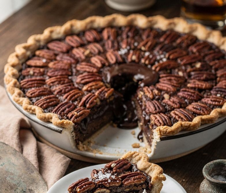Bourbon Chocolate Pecan Pie with Glossy Filling and Crunchy Pecans