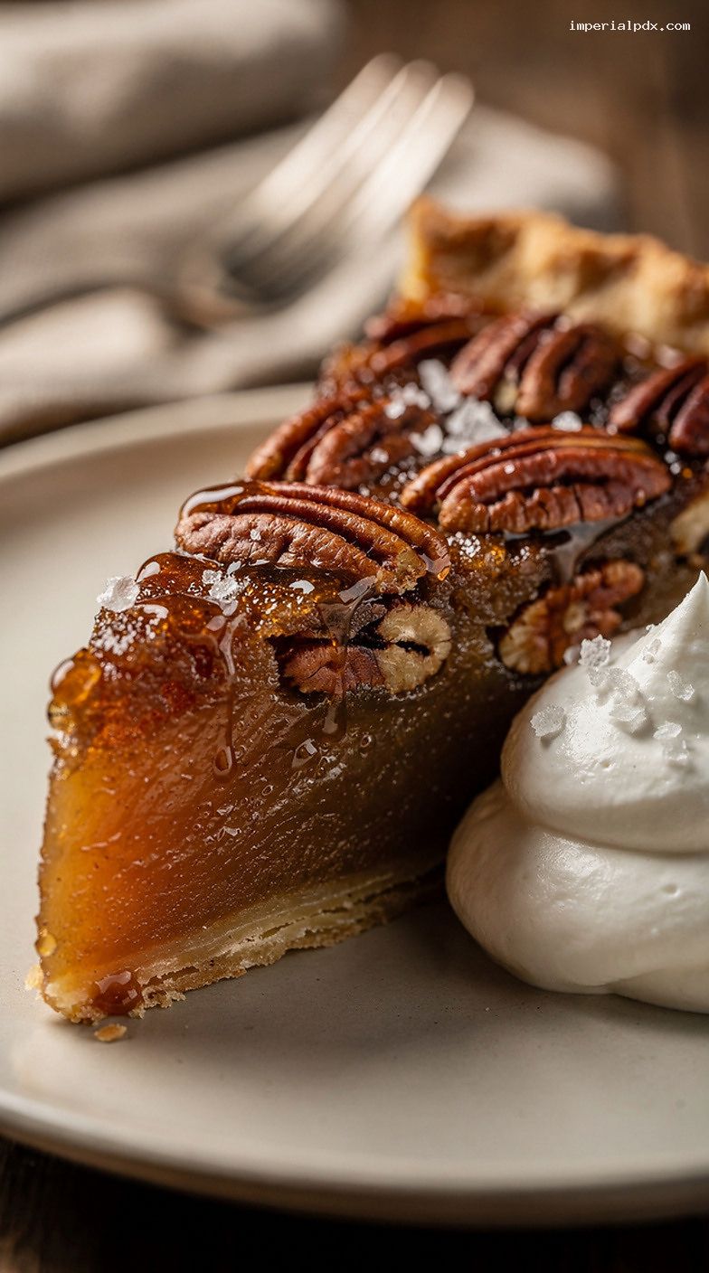 Bourbon Toasted Pecan Pie with Brown Sugar Custard – Closeup