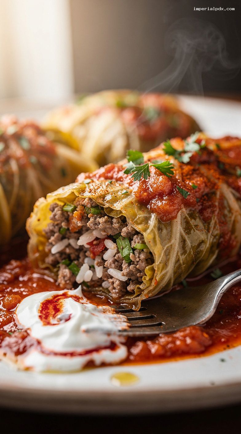 Braised Cabbage Rolls in Tangy Tomato Sauce – Closeup