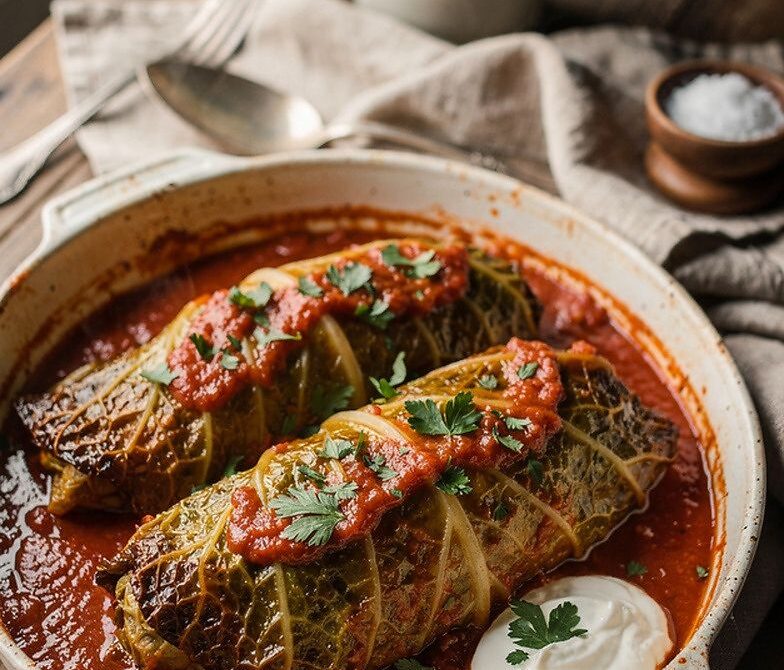 Braised Cabbage Rolls in Tangy Tomato Sauce