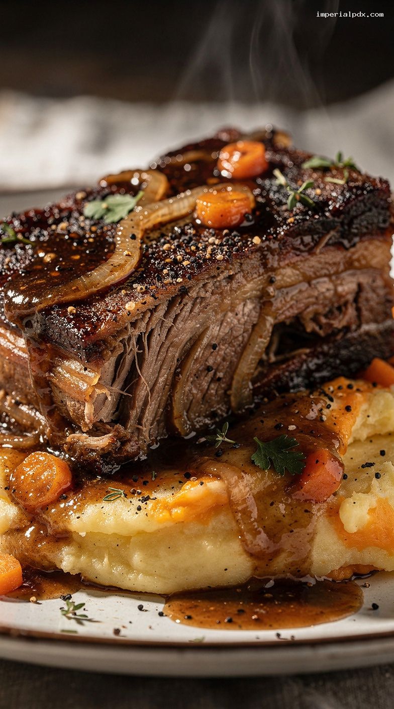 Braised Short Ribs with Onion-Carrot Mash – Closeup