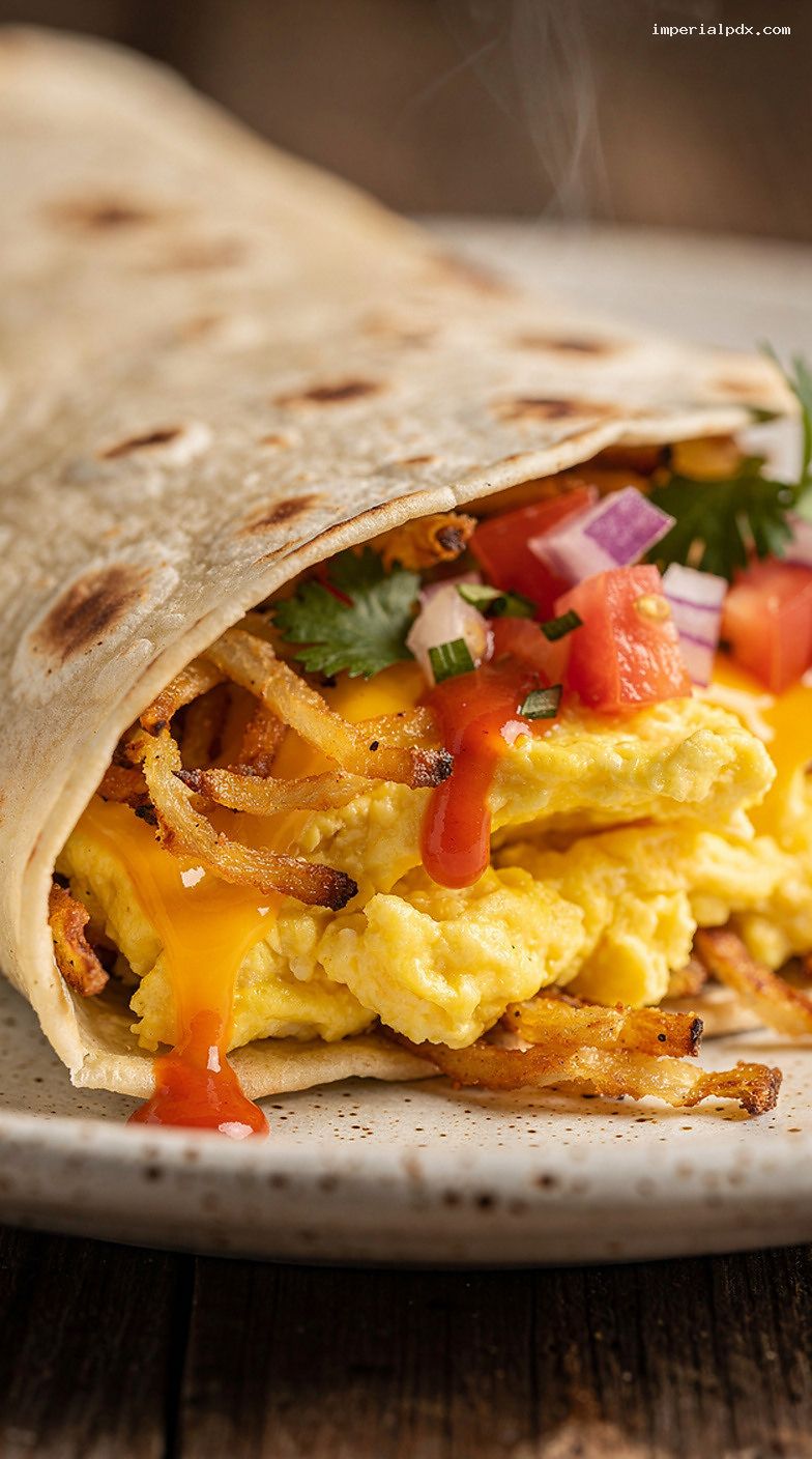 Breakfast Burrito Crepes With Hash Browns, Eggs, and Cheddar – Closeup