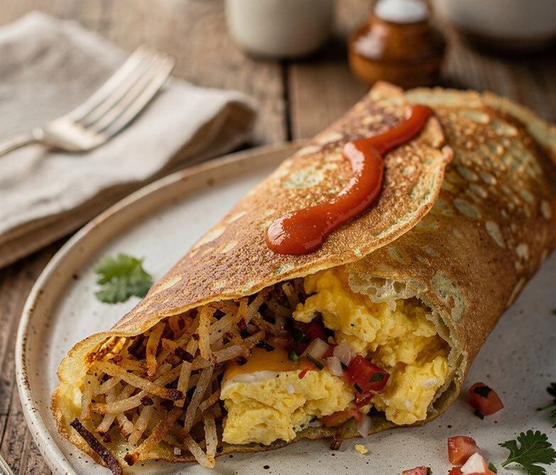 Breakfast Burrito Crepes With Hash Browns, Eggs, and Cheddar