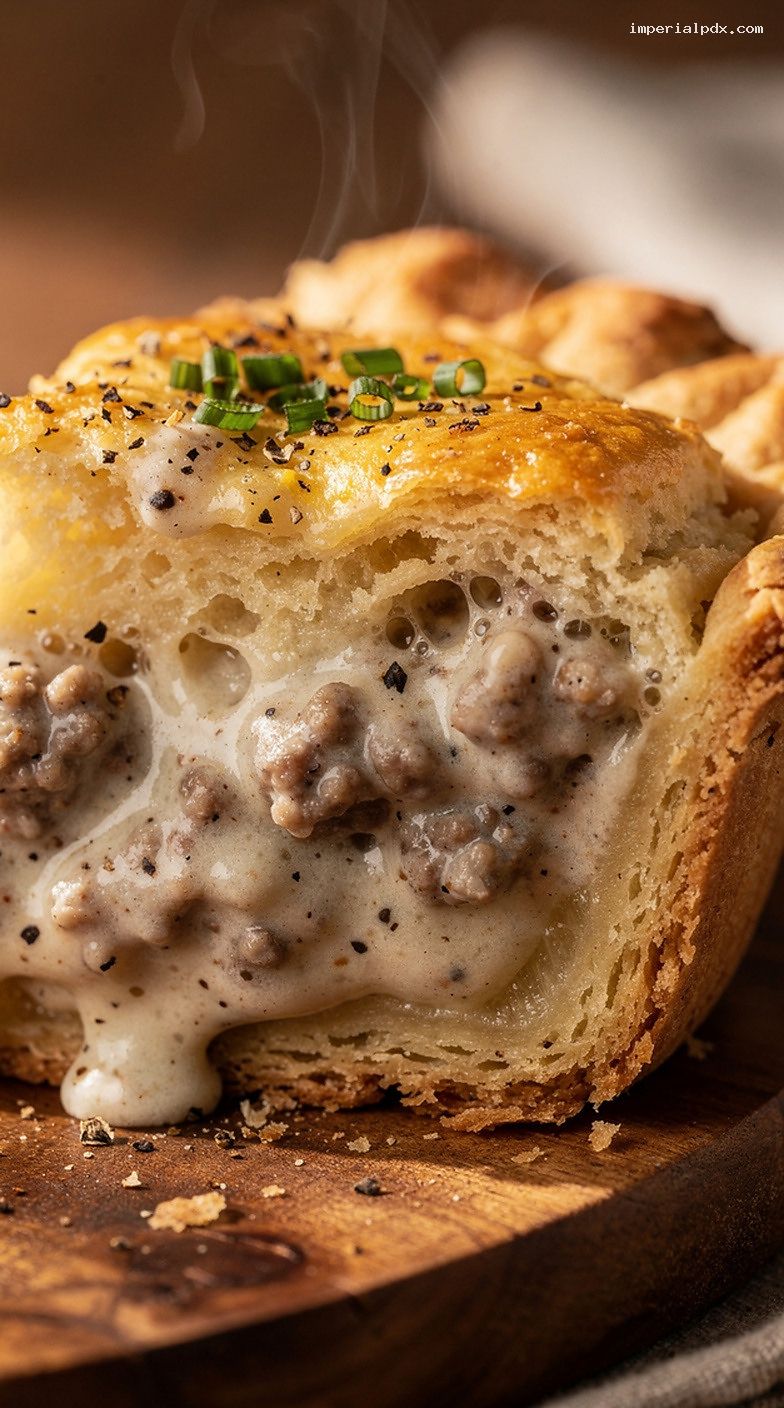 Breakfast Sausage Gravy Pie with Biscuit Crust – Closeup