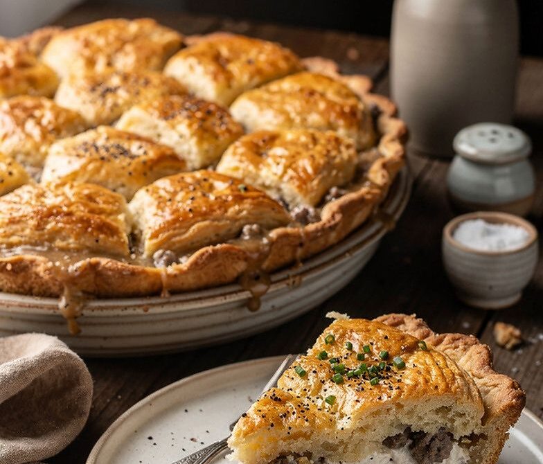 Breakfast Sausage Gravy Pie with Biscuit Crust