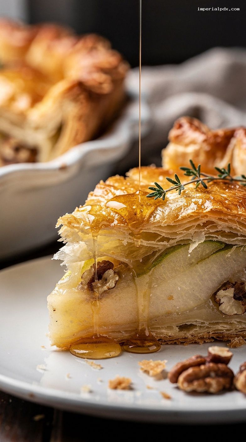 Brie and Pear Puff Pastry Pie With Honey Walnuts – Closeup
