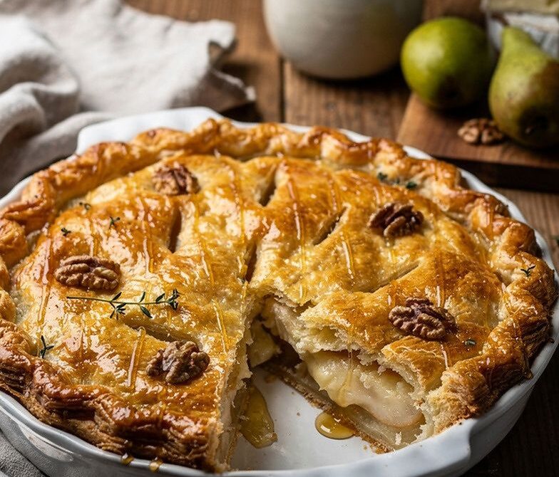 Brie and Pear Puff Pastry Pie With Honey Walnuts