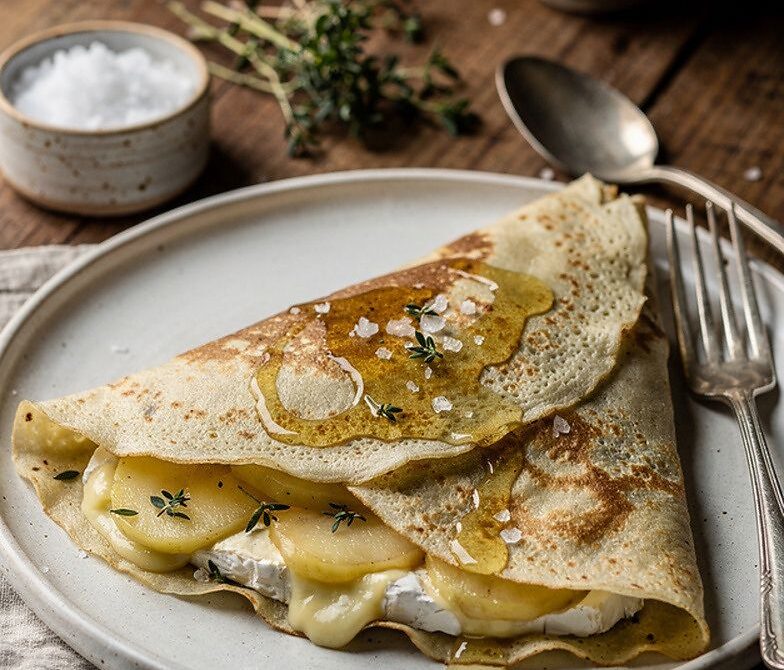 Brie Apple Thyme Crepes With Honey and Flaky Salt