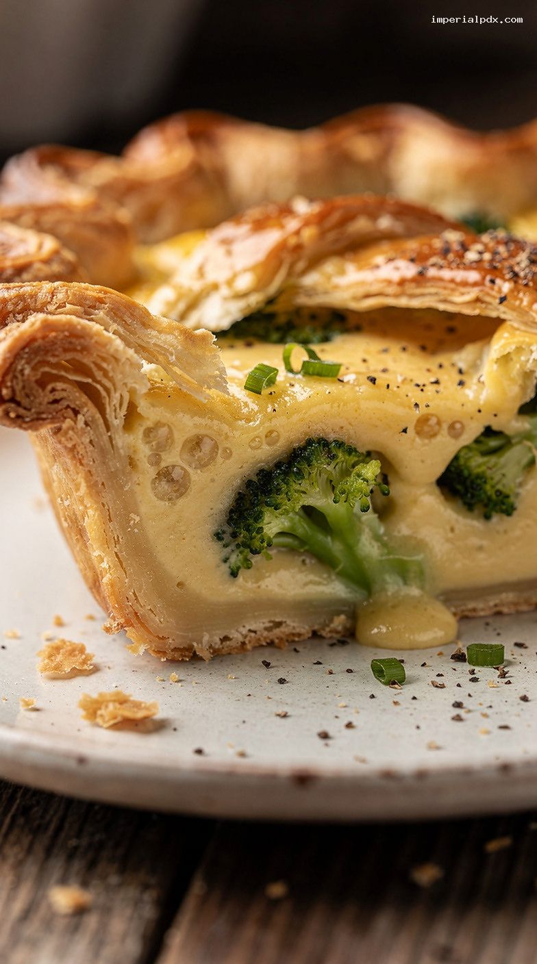 Broccoli Cheddar Soup Pie with Crispy Pastry Crust – Closeup