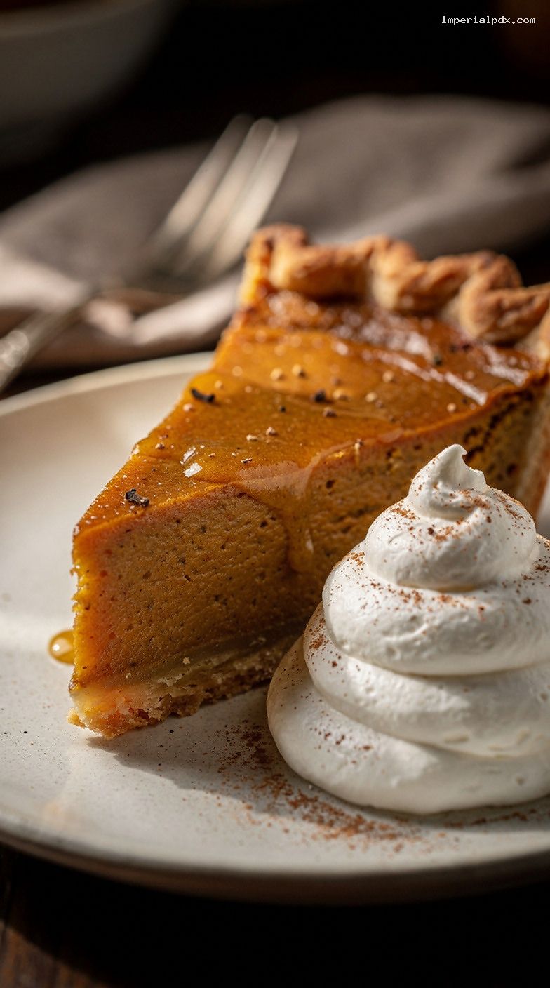 Brown Butter Pumpkin Pie With Warm Spices and Whipped Cream – Closeup