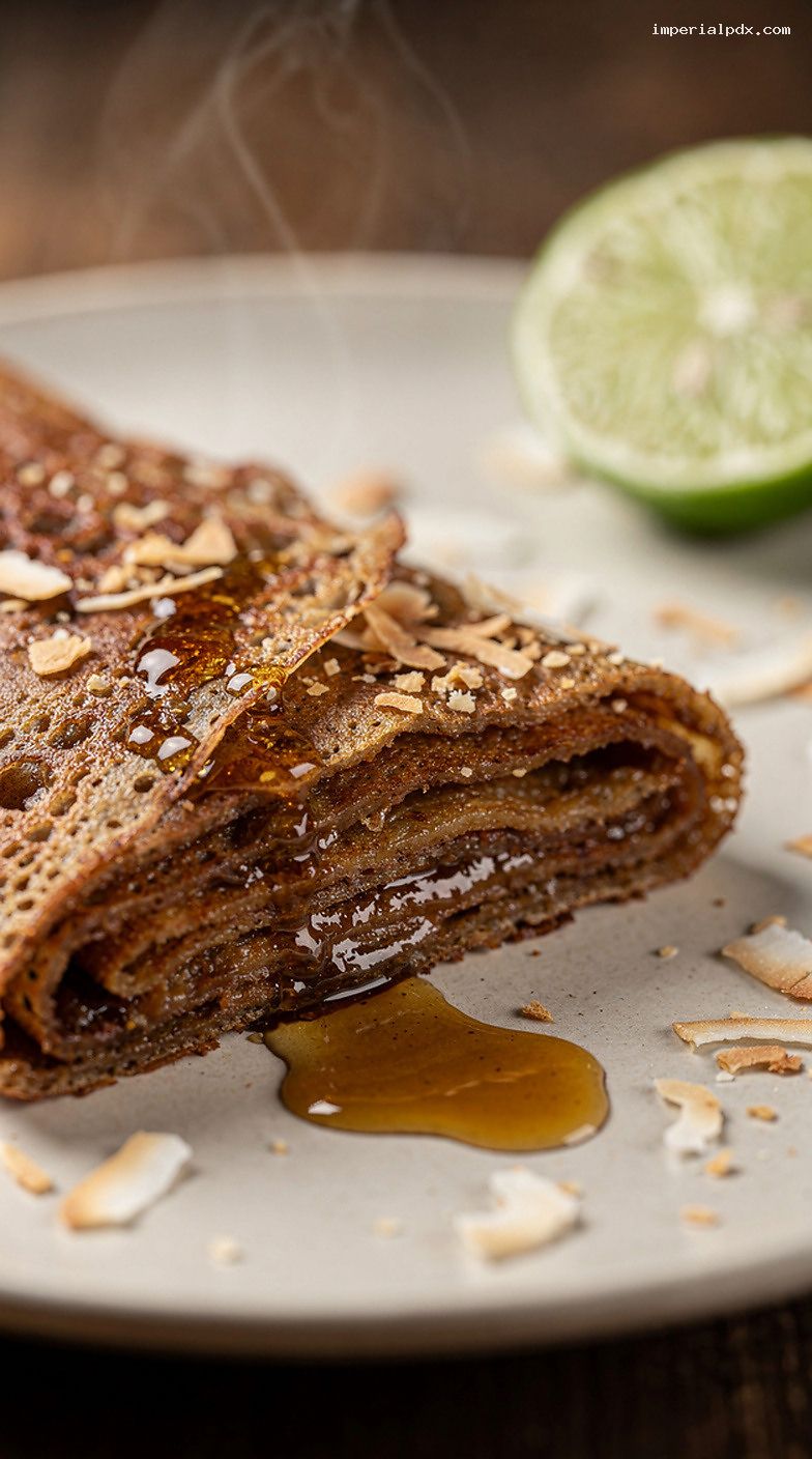 Brown Sugar Butter Crepes With Toasted Coconut and Lime – Closeup