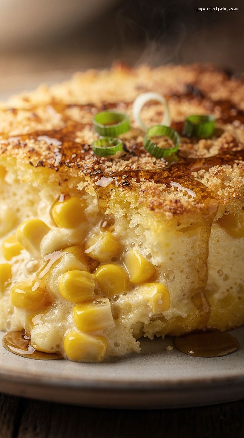 Browned Butter Creamed Corn Casserole with Crisp Top – Closeup