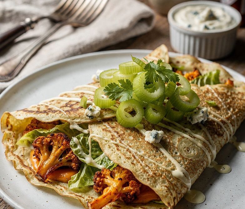 Buffalo Cauliflower Crepes With Blue Cheese Drizzle