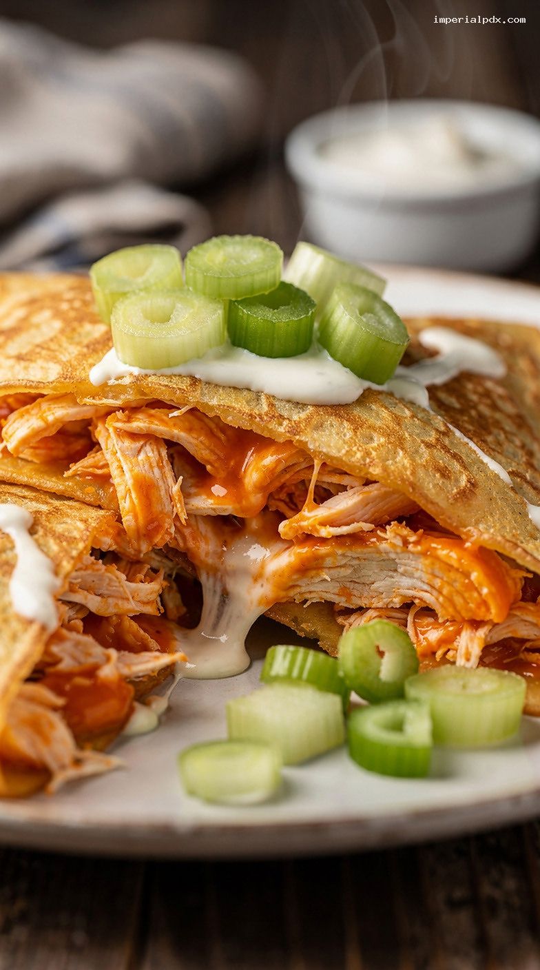 Buffalo Chicken Ranch Crepes with Celery and Scallions – Closeup