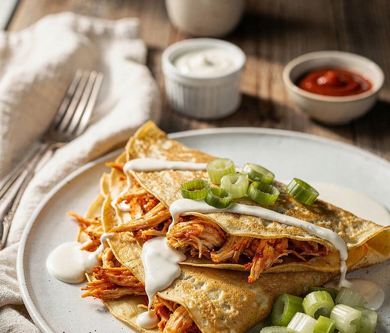 Buffalo Chicken Ranch Crepes with Celery and Scallions