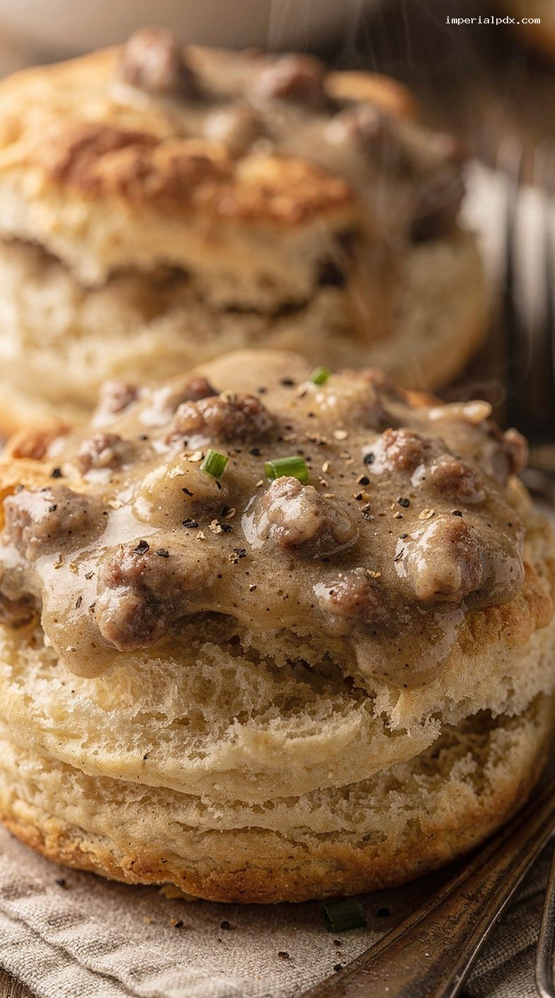 Buttermilk Biscuits With Peppered Sausage Gravy – Closeup