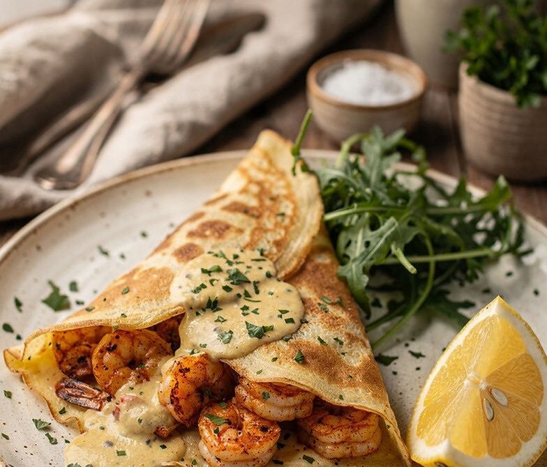 Cajun Shrimp Crepes With Creamy Garlic Sauce and Greens