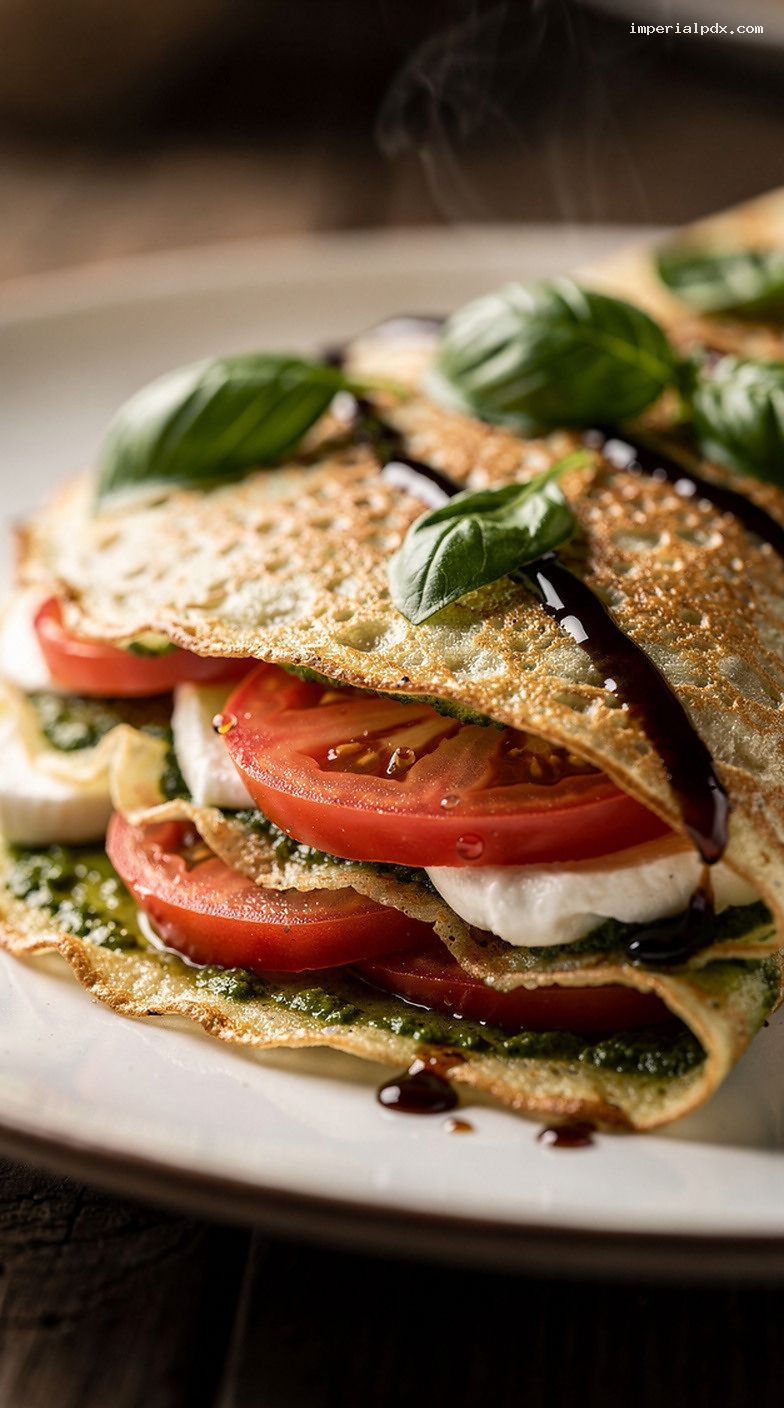 Caprese Pesto Crepes with Mozzarella, Tomato, and Balsamic Glaze – Closeup