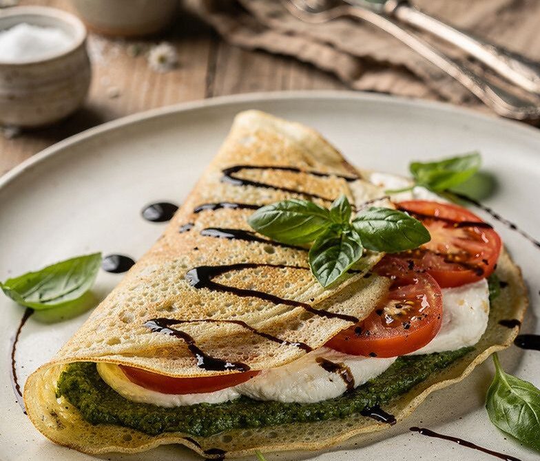 Caprese Pesto Crepes with Mozzarella, Tomato, and Balsamic Glaze