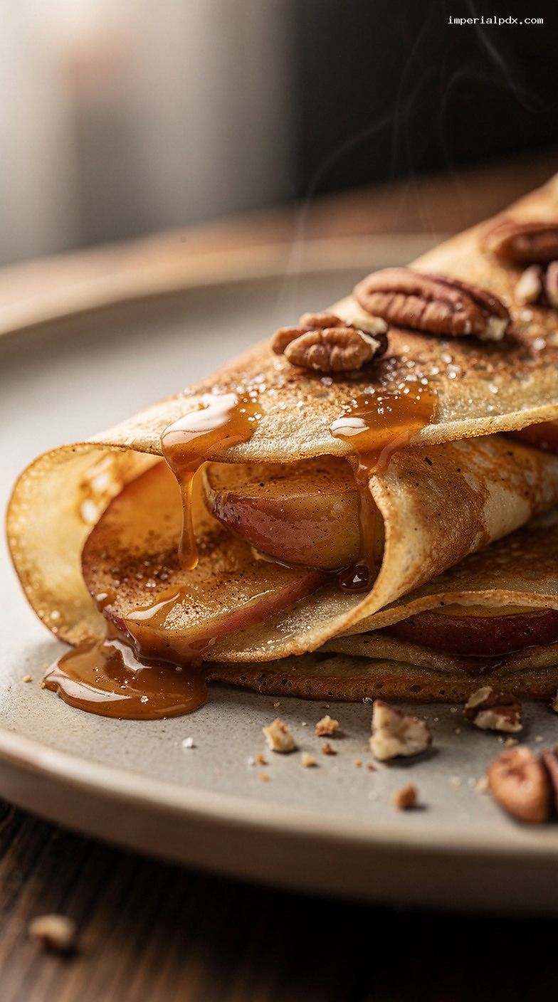 Caramelized Apple Cinnamon Crepes With Salted Caramel and Pecans – Closeup