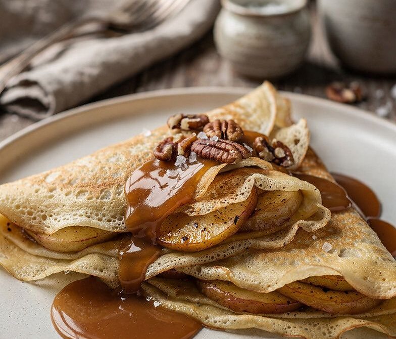 Caramelized Apple Cinnamon Crepes With Salted Caramel and Pecans