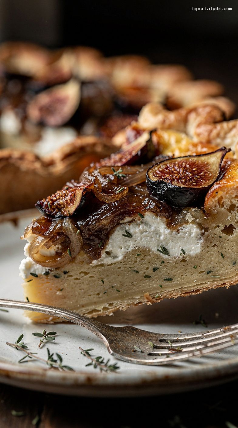Caramelized Onion, Fig and Goat Cheese Pie – Closeup