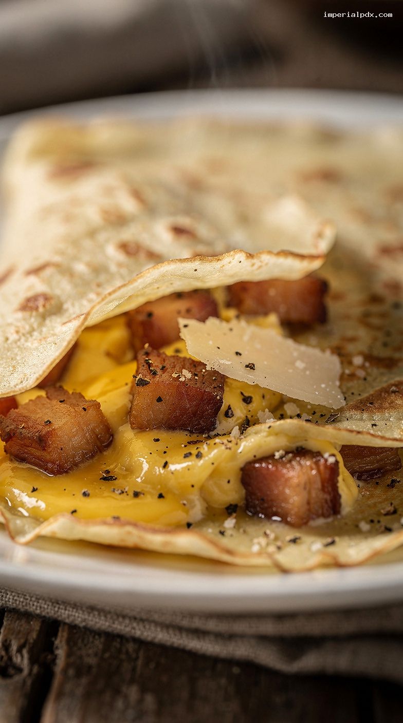 Carbonara Crepes With Crispy Pancetta and Black Pepper – Closeup